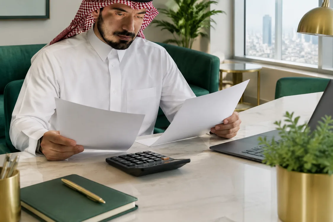 مشهد توضيحي مولّد بالذكاء الاصطناعي لدراسة الالتزامات المالية بهوية سند