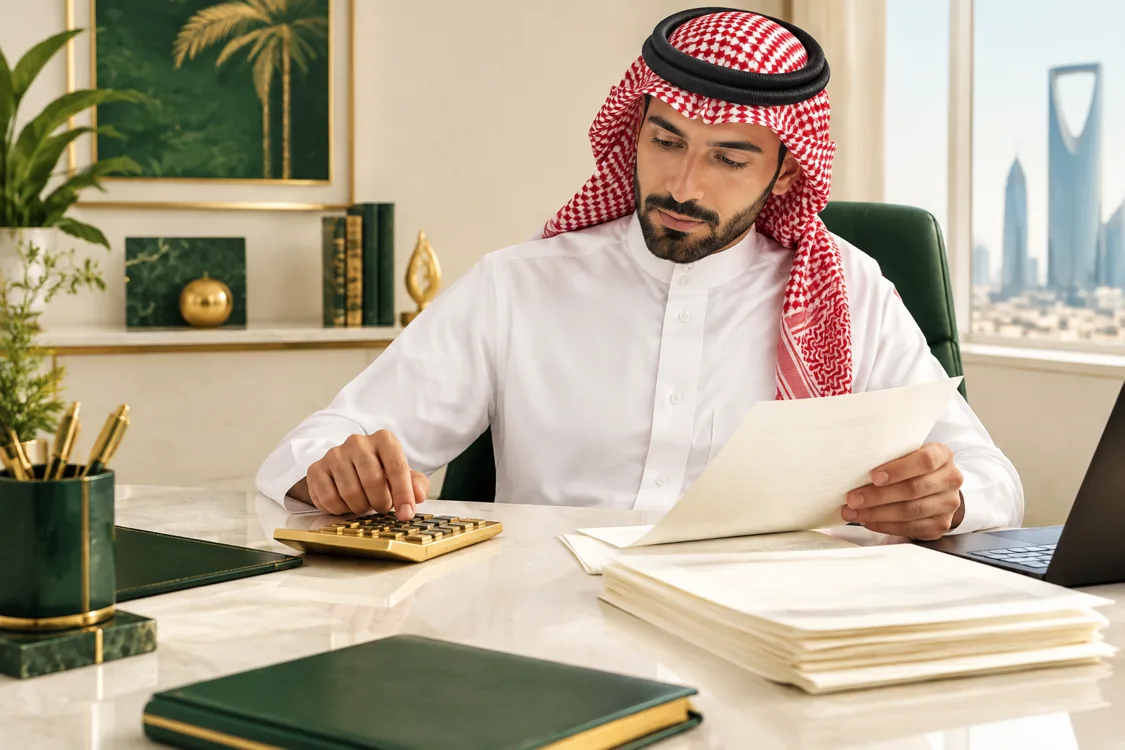 مشهد توضيحي مولّد بالذكاء الاصطناعي لدراسة الالتزامات المالية بهوية سند