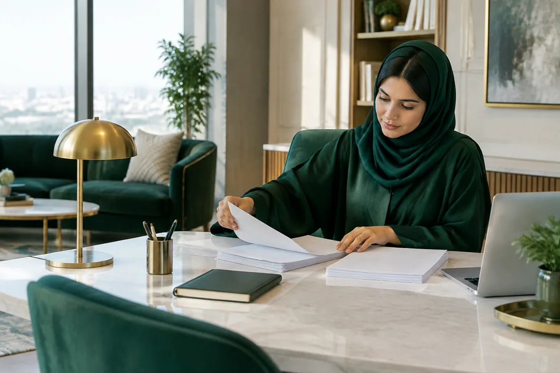 مشهد توضيحي مولّد بالذكاء الاصطناعي لدراسة الالتزامات المالية بهوية سند