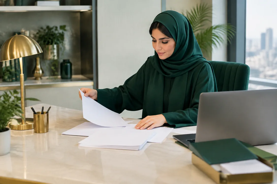 مشهد توضيحي مولّد بالذكاء الاصطناعي لدراسة الالتزامات المالية بهوية سند